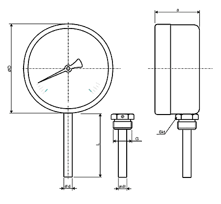 Термометр биметаллический показывающий ТБП-63Р - Основные размеры